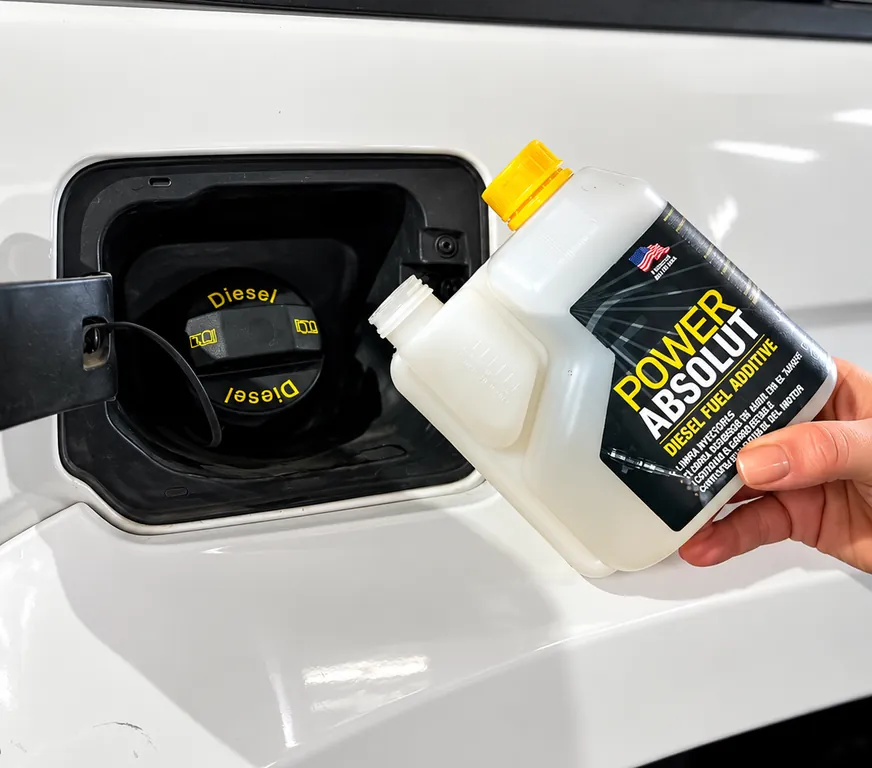 Envase de POWER ABSOLUT junto a la boca del tanque de combustible de una camioneta diésel
