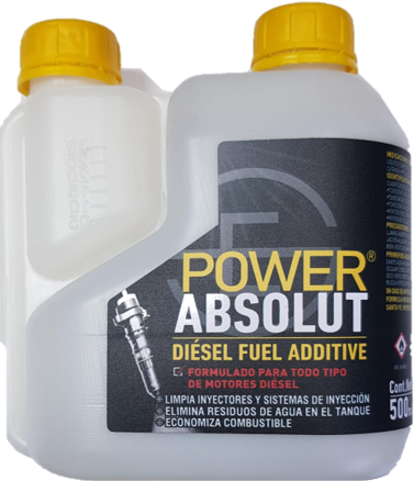 Envase de POWER ABSOLUT, aditivo limpia inyectores diésel de 500 cm³ con dosificador integrado